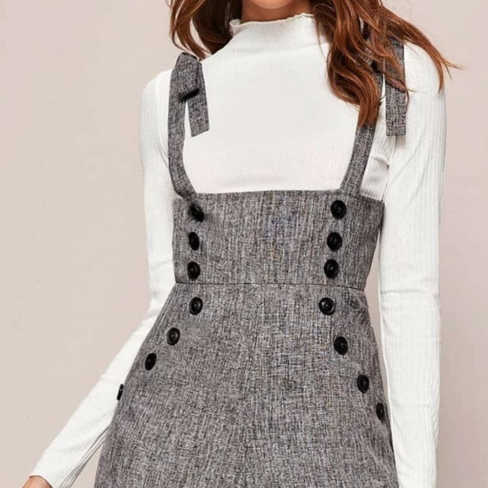 GRAY LINEN LOOK POCKETED SUSPENDER JUMPSUIT CHIC CLASSY FALL WINTER - Picture 6 of 7